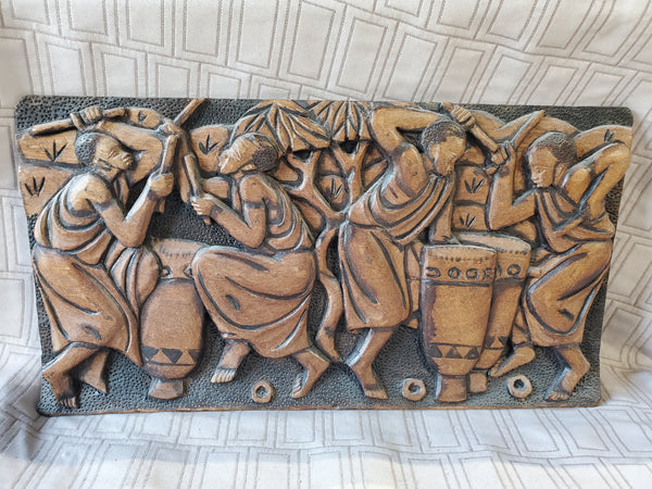 Hand Carved Burundi Wood African Folk Art Dance Scene Wall Plaque