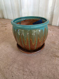 Teal and Brown Small Glazed Pottery Planter w/Fixed Saucer