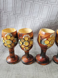 7 Piece Hand Carved Wooden Folk Art Cordial Cup and Serving Tray Set