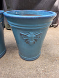 Pair of Glazed Terracotta Planters w/Embossed Bee Accents