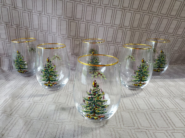Set of 6 Spode Christmas Tree Stemless Wine Glasses