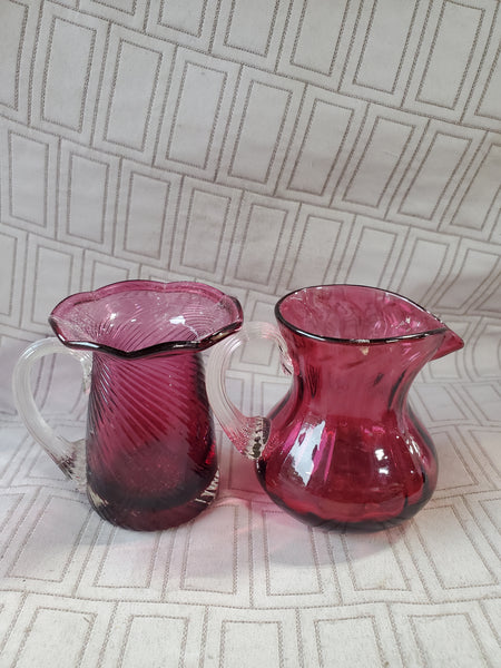 Pair of Miniature Cranberry Glass Pitchers